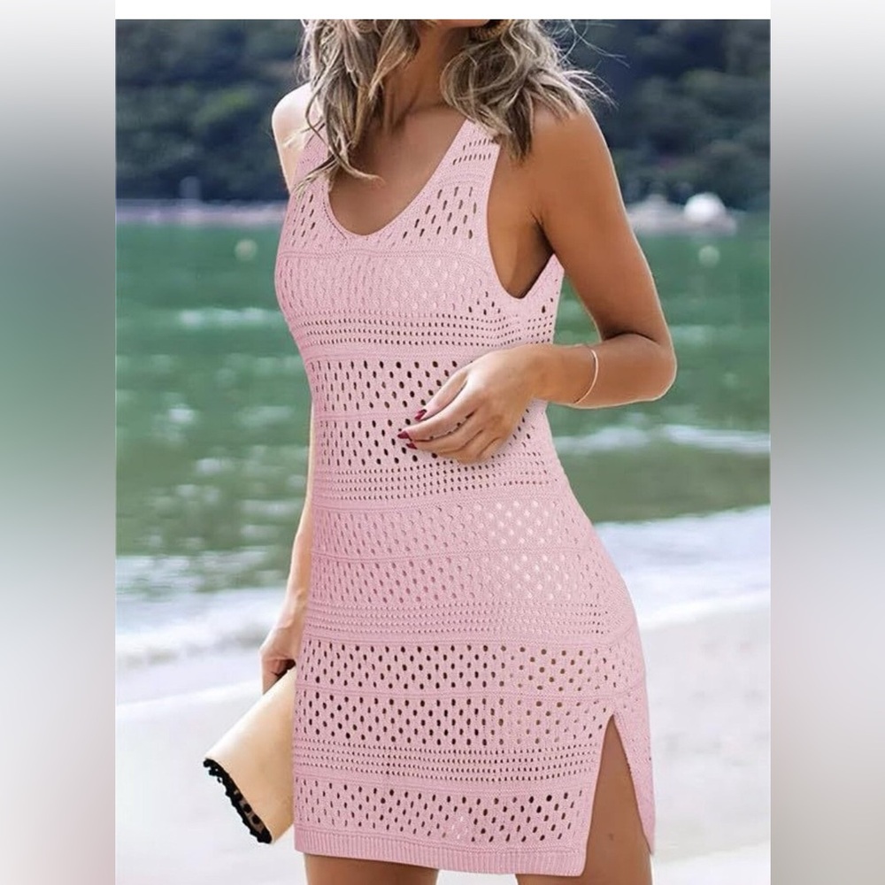 Crochet pink Knit Cover-Up Dress with Side Slit new